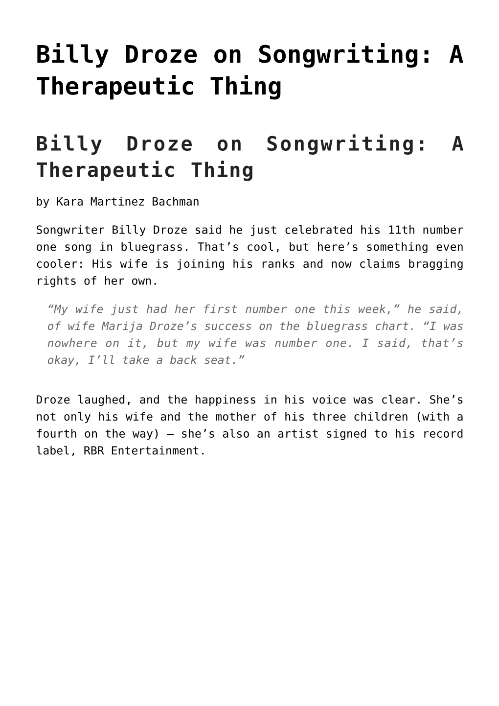 Billy Droze on Songwriting: a Therapeutic Thing