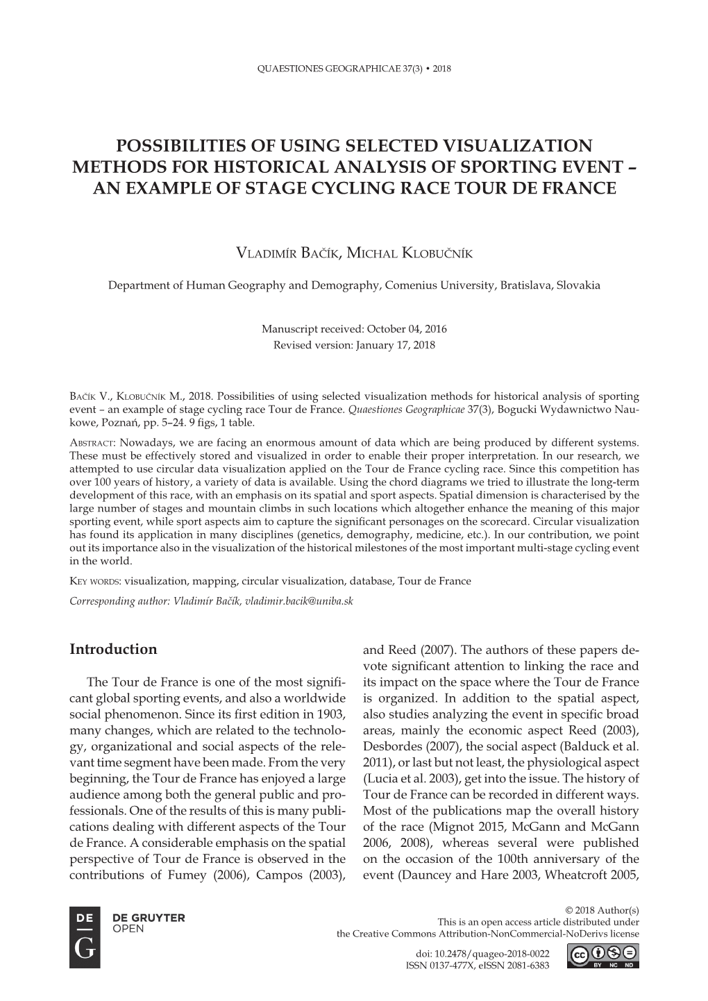 Possibilities of Using Selected Visualization Methods for Historical Analysis of Sporting Event – an Example of Stage Cycling Race Tour De France