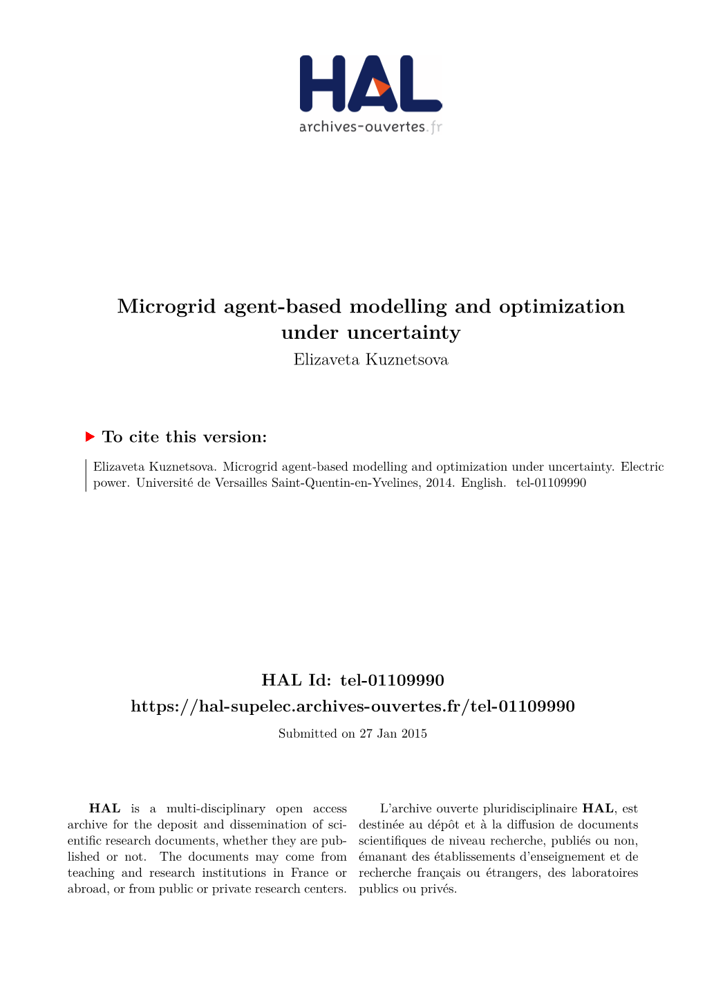 Microgrid Agent-Based Modelling and Optimization Under Uncertainty Elizaveta Kuznetsova