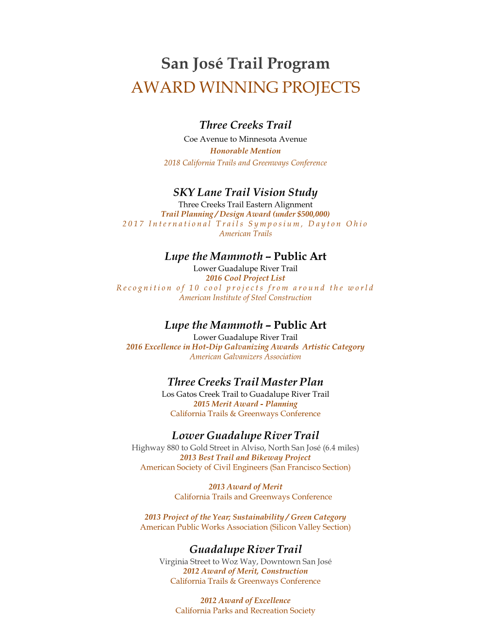 San José Trail Program AWARD WINNING PROJECTS