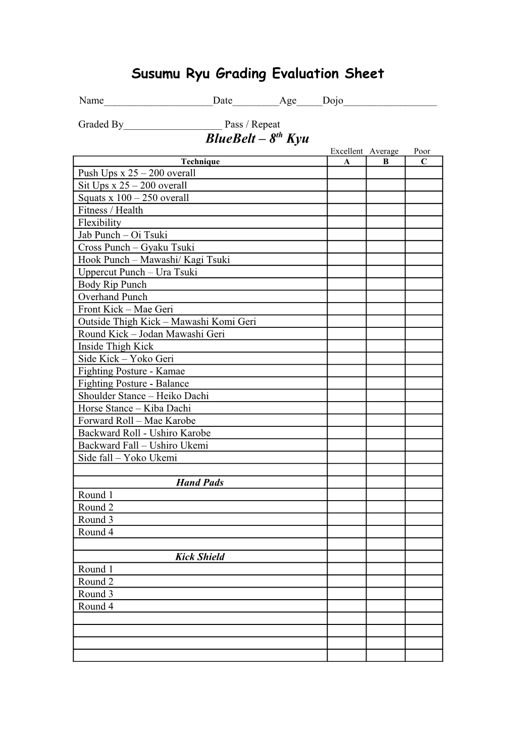 Kodomo Ryu Grading Evaluation Sheet