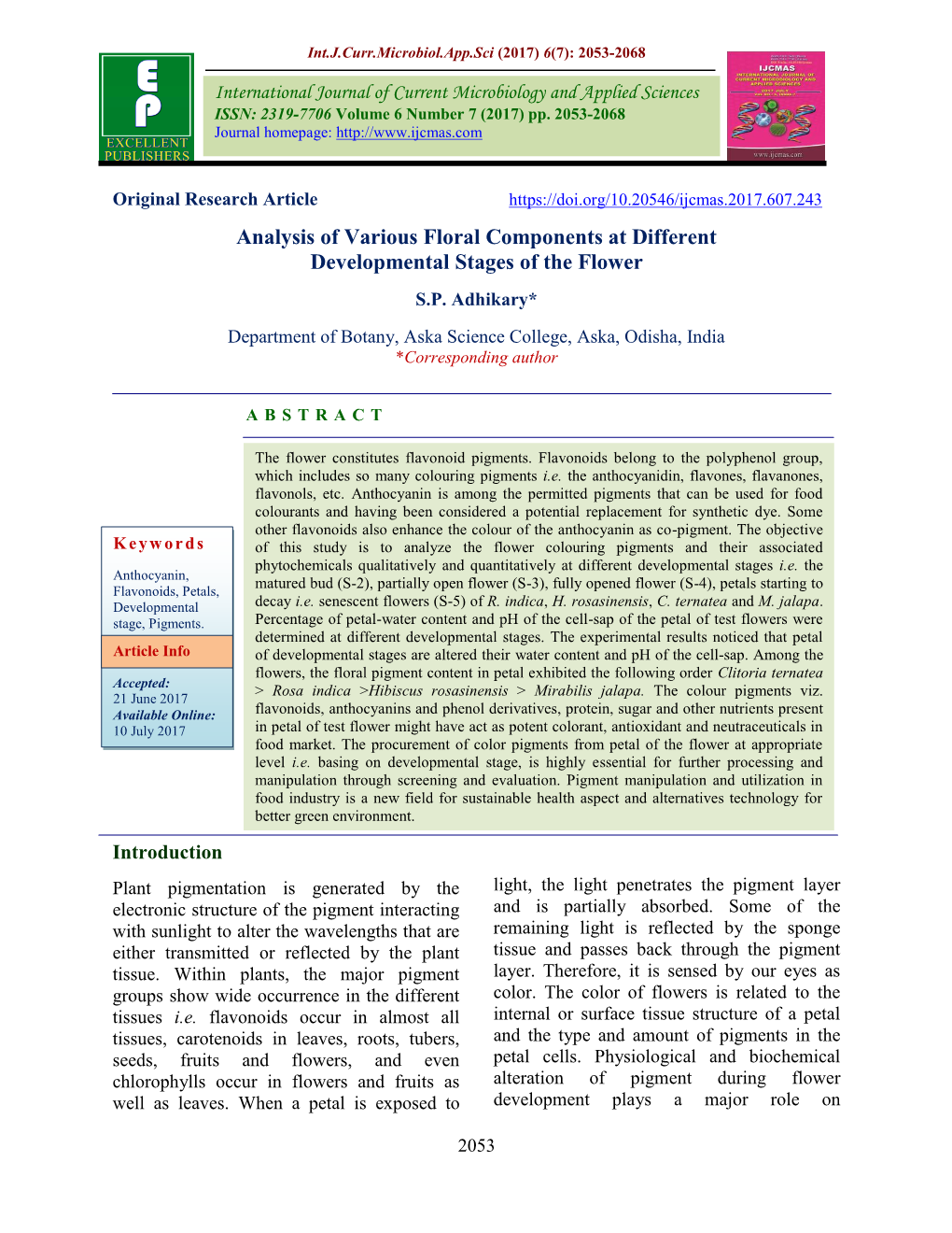 Analysis of Various Floral Components at Different Developmental Stages of the Flower