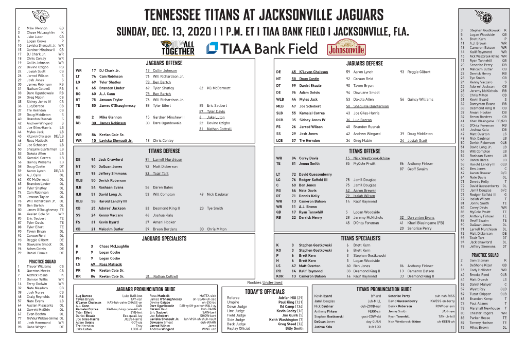 TENNESSEE TITANS at JACKSONVILLE JAGUARS 2 Mike Glennon QB 3 Stephen Gostkowski K 3 Chase Mclaughlin K 5 Logan Woodside QB 6 Jake Luton QB SUNDAY, DEC