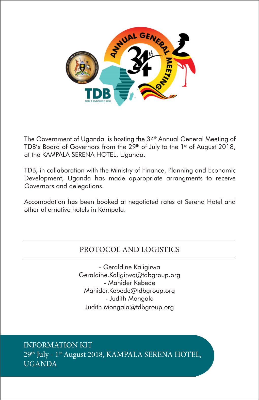Tdb 34Th Agm of Board of Governors 29Th July to 01St August 2018