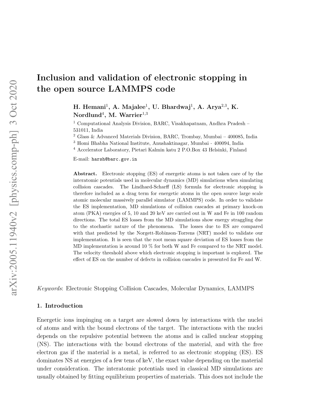 Inclusion and Validation of Electronic Stopping in the Open Source LAMMPS Code 2 Inelastic Collisions Between a Fast Particle and Electrons in the System – I.E