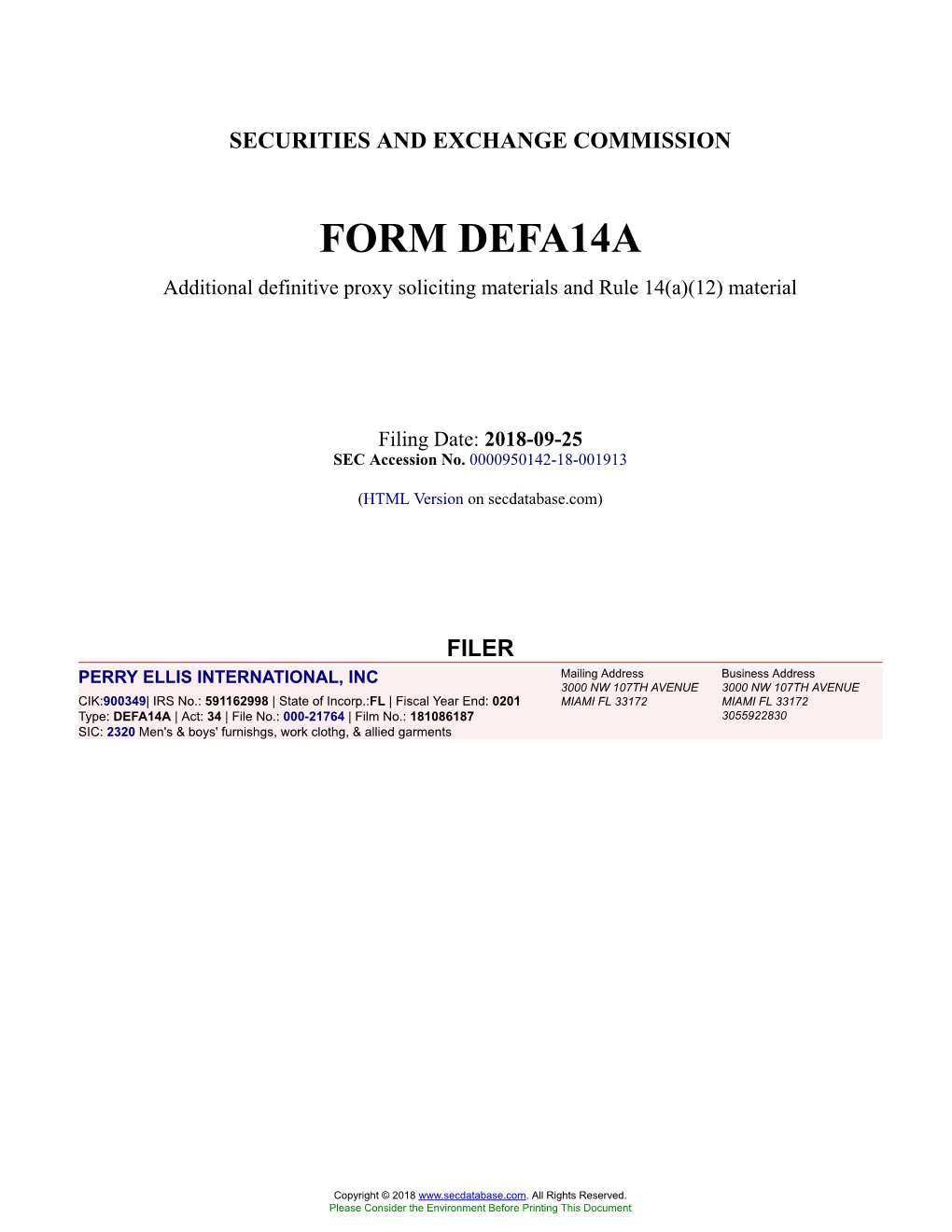 PERRY ELLIS INTERNATIONAL, INC Form DEFA14A Filed 2018-09-25