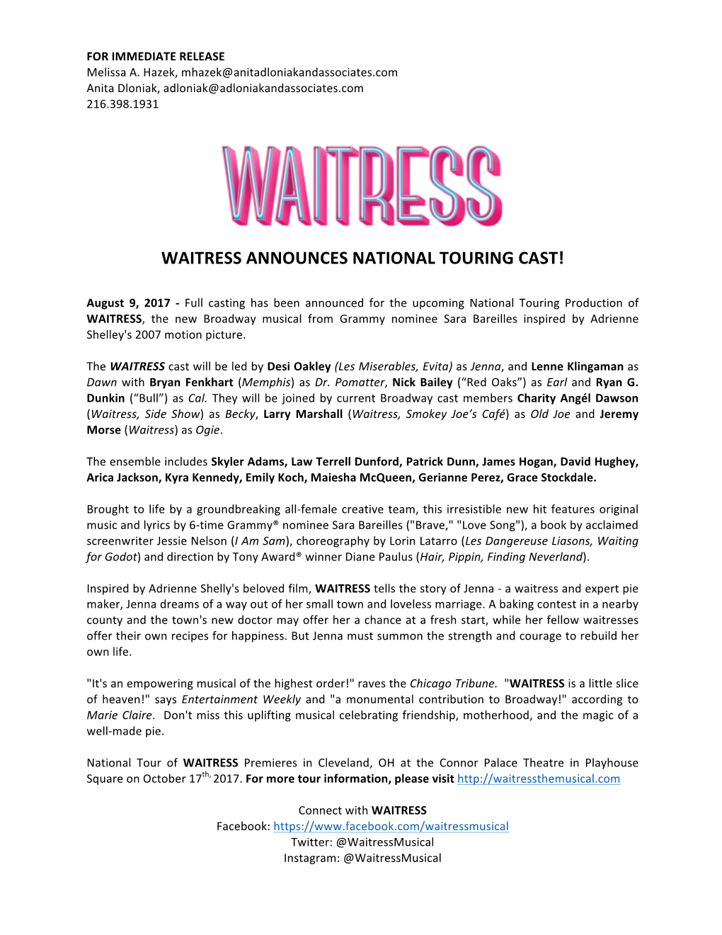 Waitress Announces National Touring Cast!