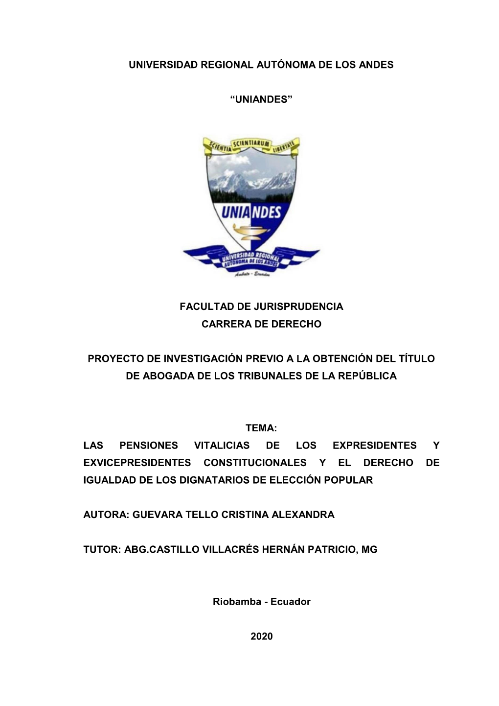 Universidad Regional Autónoma De Los Andes “Uniandes” Facultad De Jurisprudencia Carrera De Derecho Proyecto De Investigaci