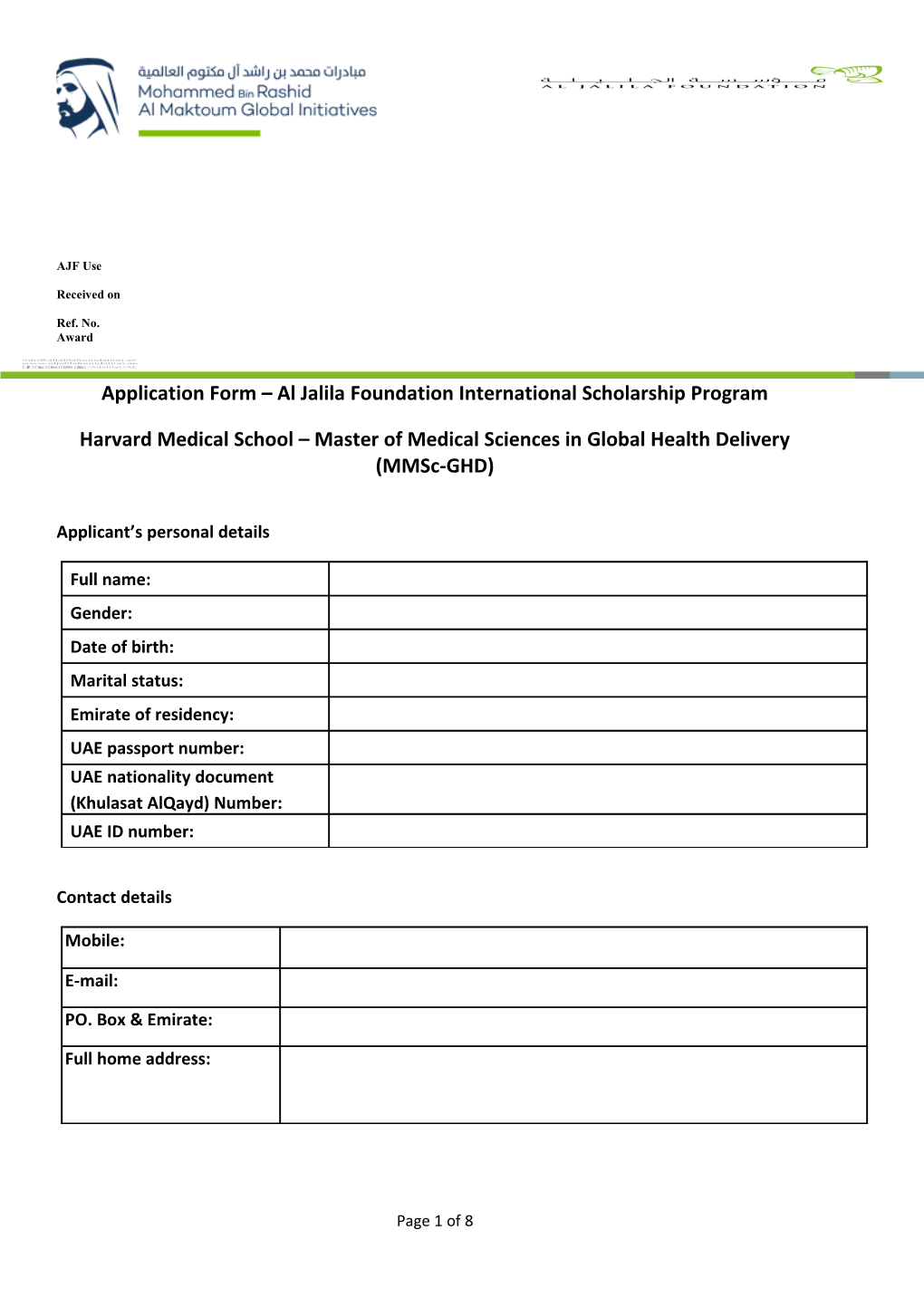 Application Form Al Jalila Foundation International Scholarship Program