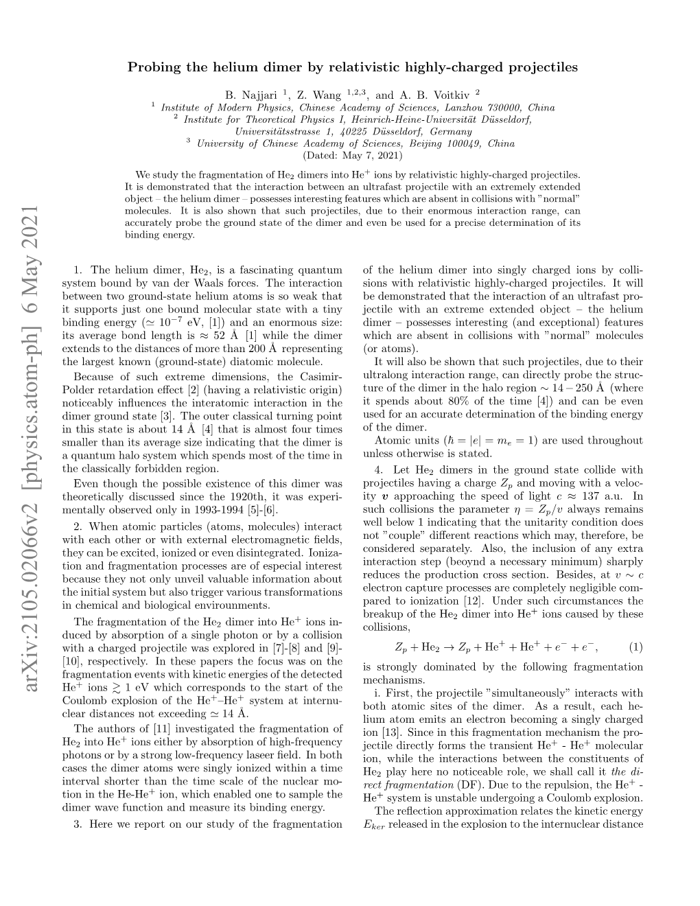 Arxiv:2105.02066V2 [Physics.Atom-Ph] 6 May 2021 He Ions & 1 Ev Which Corresponds to the Start of the I