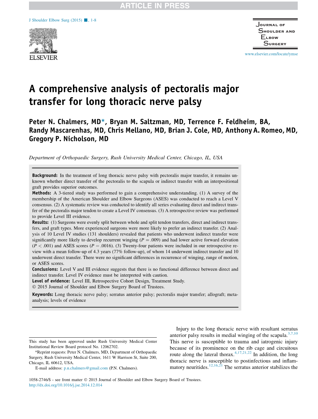 A Comprehensive Analysis of Pectoralis Major Transfer for Long Thoracic Nerve Palsy