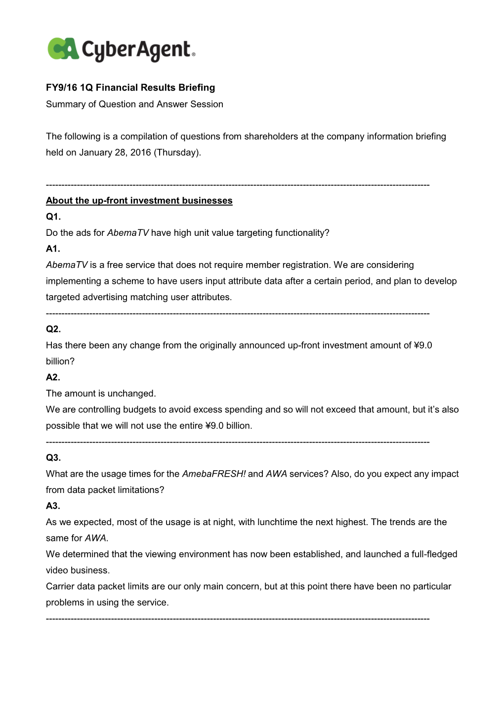 1Q FY2016 Financial Results Briefing Q&A(PDF 148