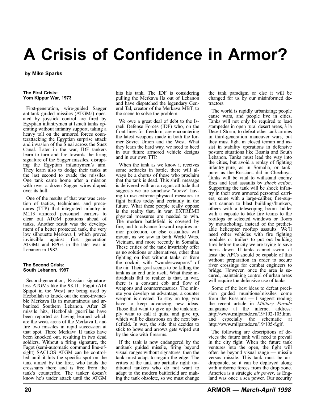 A Crisis of Confidence in Armor? by Mike Sparks