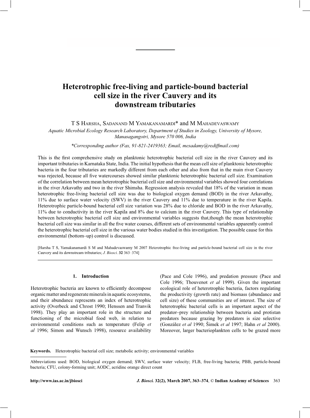 Heterotrophic Free-Living and Particle-Bound Bacterial Cell Size in the River Cauvery and Its Downstream Tributaries