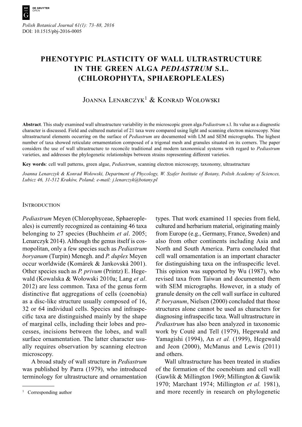 Phenotypic Plasticity of Wall Ultrastructure in the Green Alga Pediastrum S.L