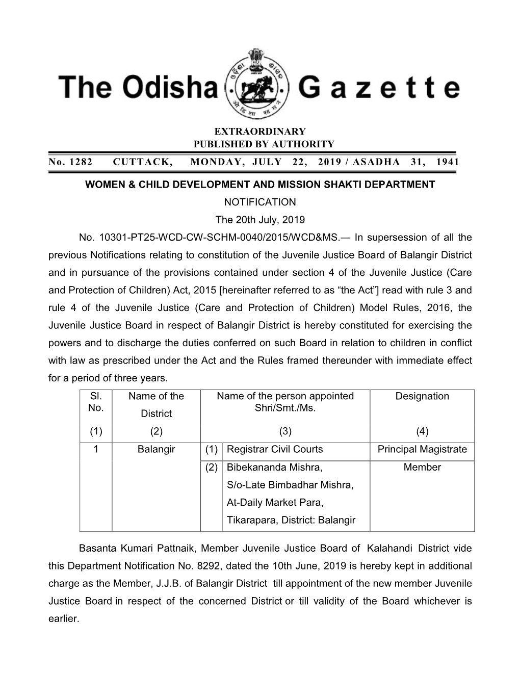 EXTRAORDINARY PUBLISHED by AUTHORITY No. 1282 CUTTACK, MONDAY, JULY 22, 2019 / ASADHA 31, 1941