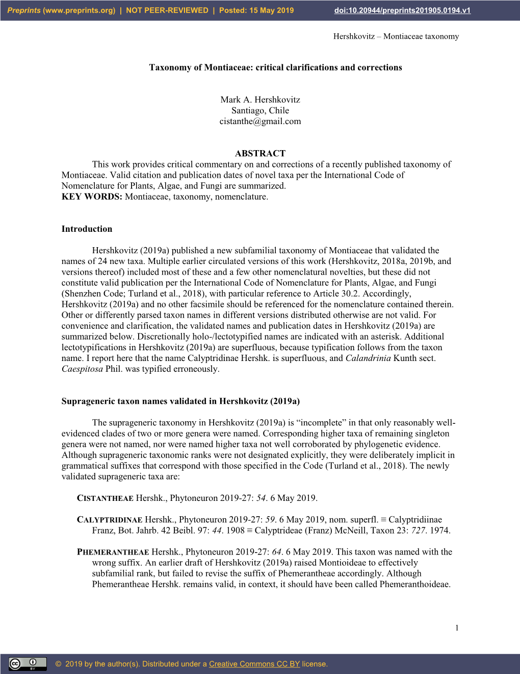 Taxonomy of Montiaceae: Critical Clarifications and Corrections Mark