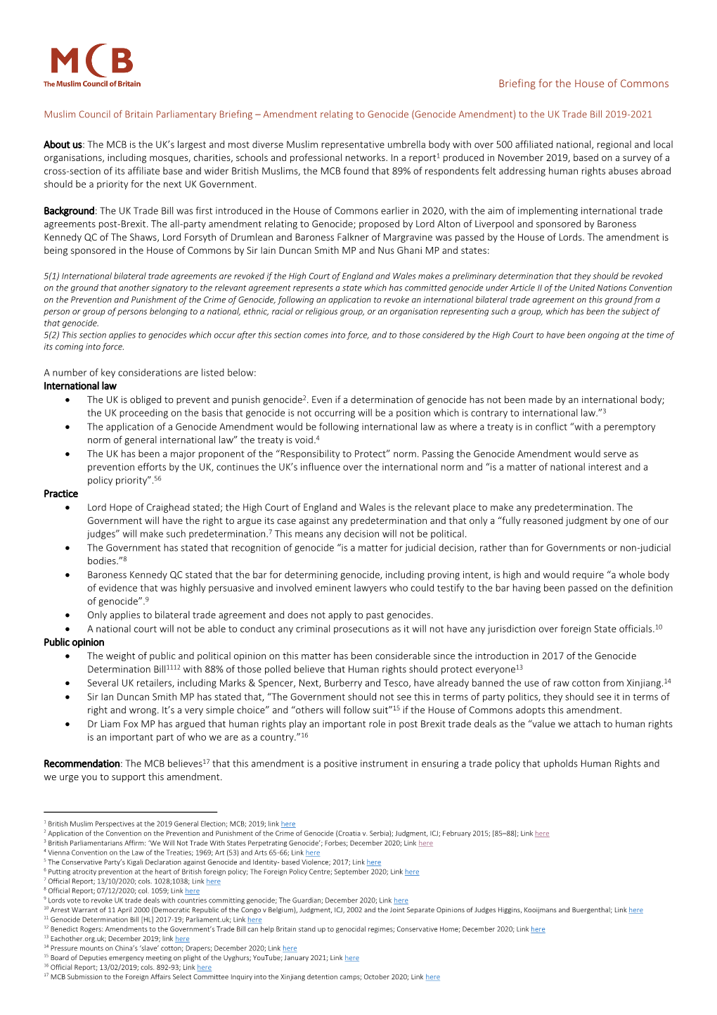 Genocide Amendment) to the UK Trade Bill 2019-2021