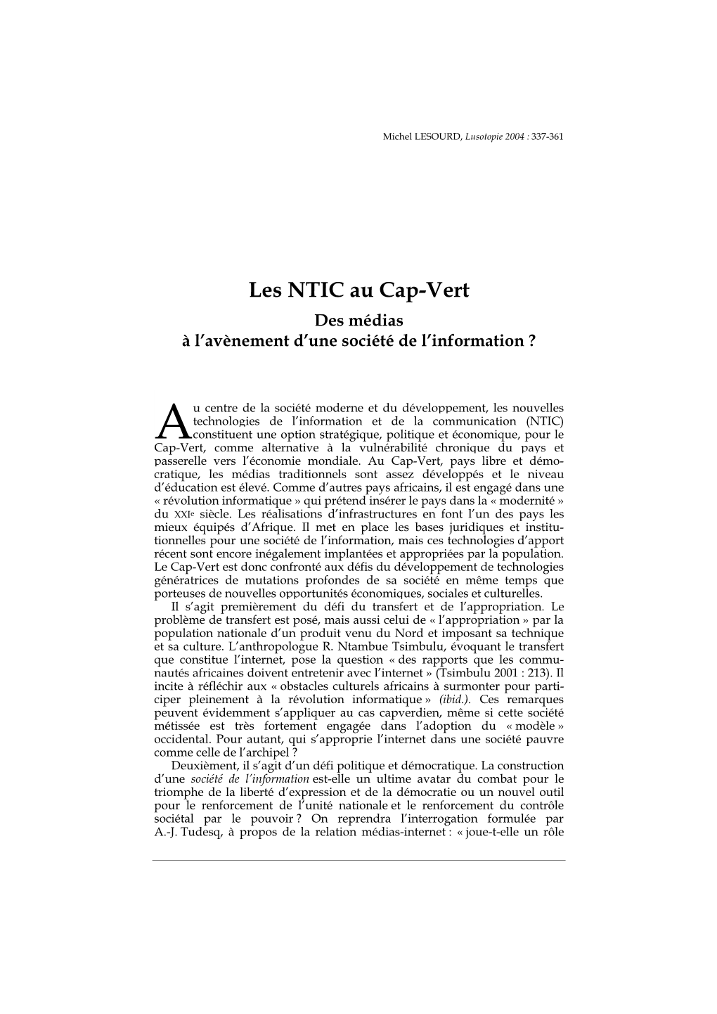 Les NTIC Au Cap-Vert Des Médias À L’Avènement D’Une Société De L’Information ?