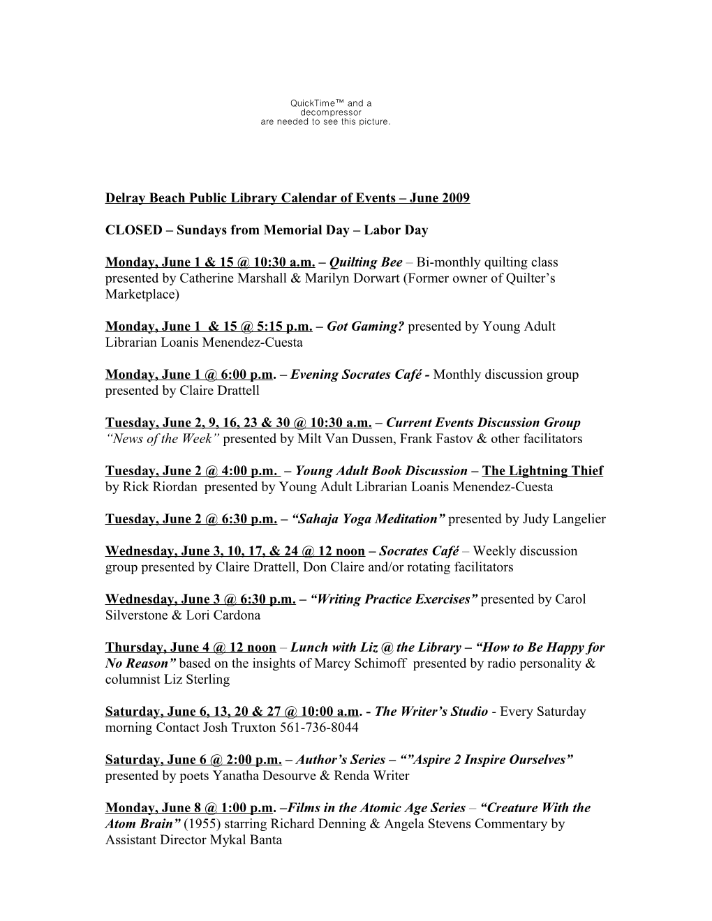 Delray Beach Library Calendar Of Events – April 2007