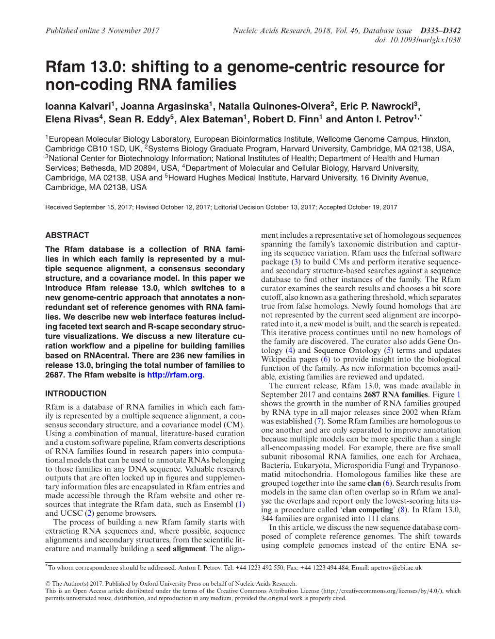 Shifting to a Genome-Centric Resource for Non-Coding RNA Families Ioanna Kalvari1, Joanna Argasinska1, Natalia Quinones-Olvera2,Ericp.Nawrocki3, Elena Rivas4, Sean R