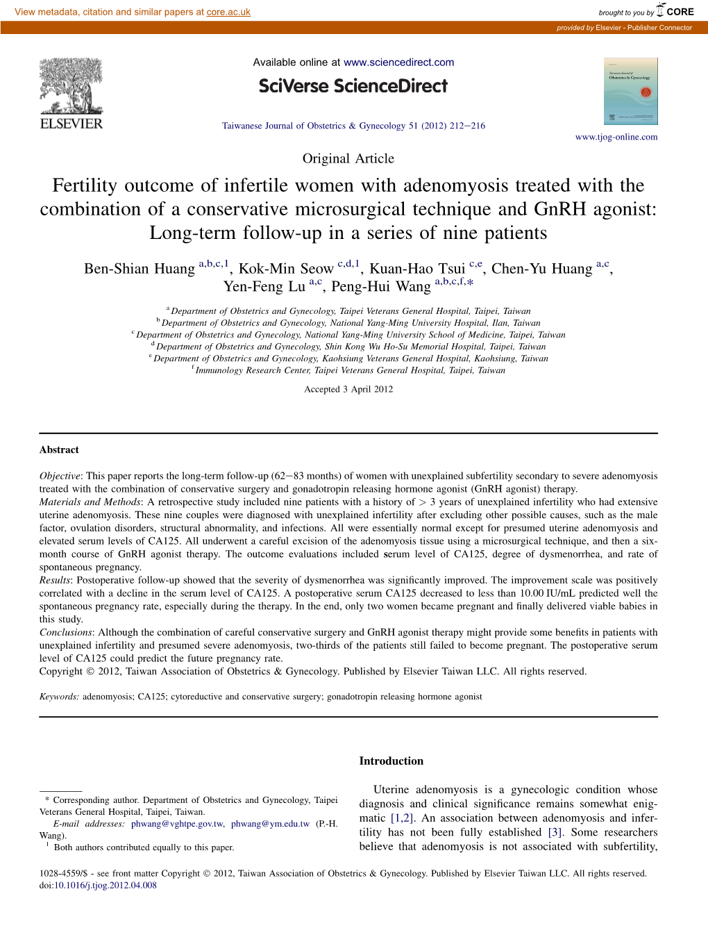 Fertility Outcome of Infertile Women with Adenomyosis Treated