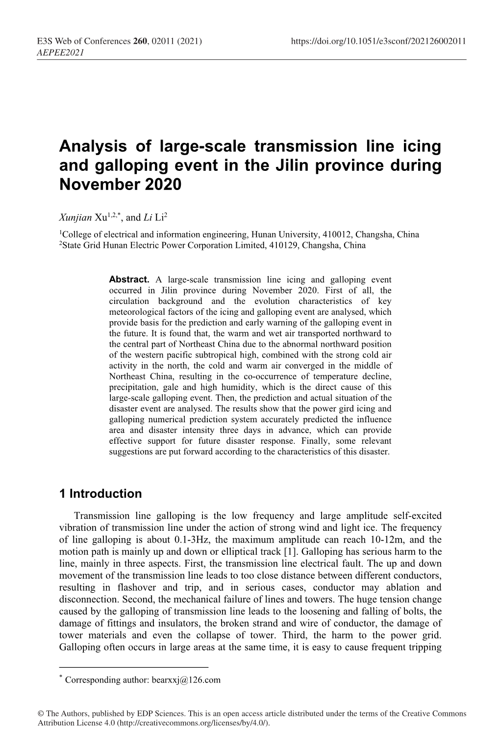 Analysis of Large-Scale Transmission Line Icing and Galloping Event in the Jilin Province During November 2020