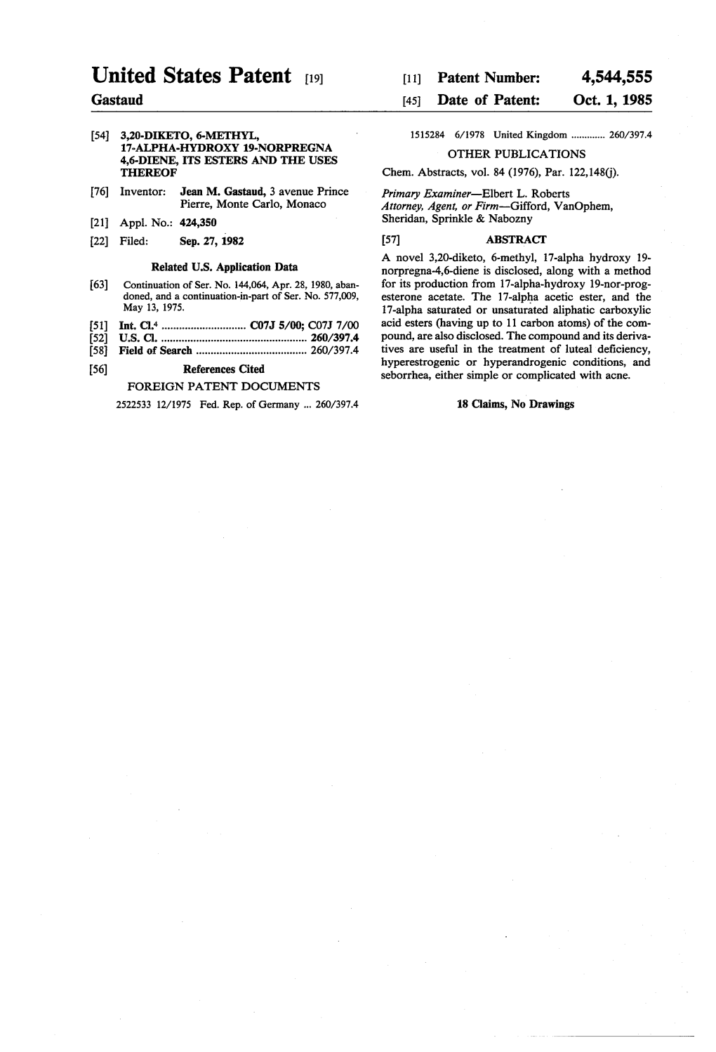 United States Patent (19) 11) Patent Number: 4,544,555 Gastaud 45 Date of Patent: Oct