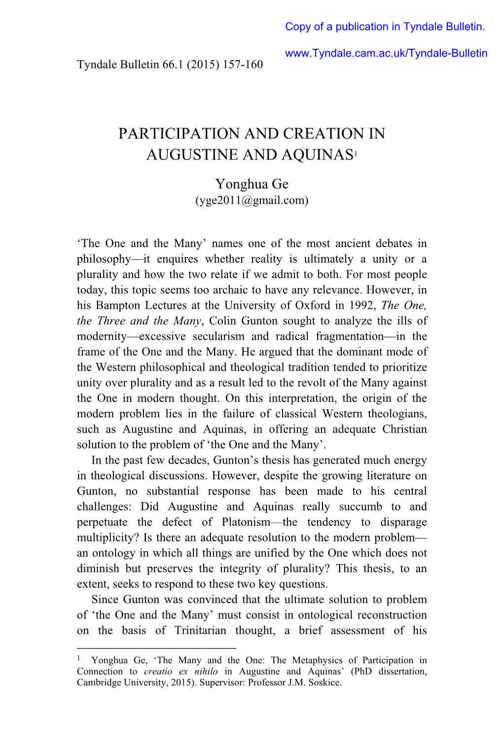 PARTICIPATION and CREATION in AUGUSTINE and AQUINAS1 Yonghua Ge (Yge2011@Gmail.Com)