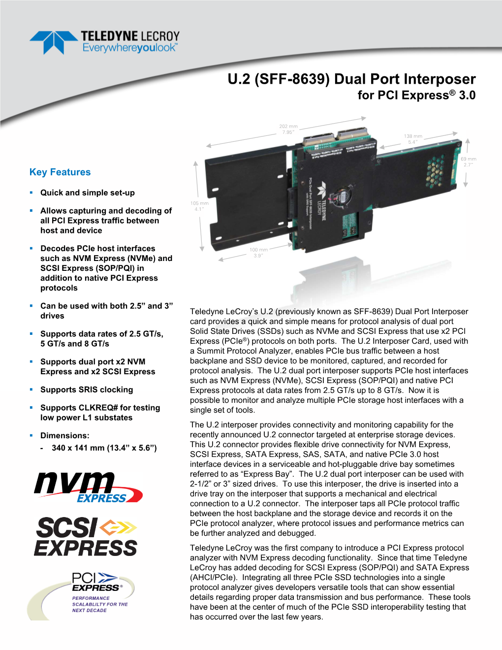 U.2 (SFF-8639) Dual Port Interposer for PCI Express® 3.0