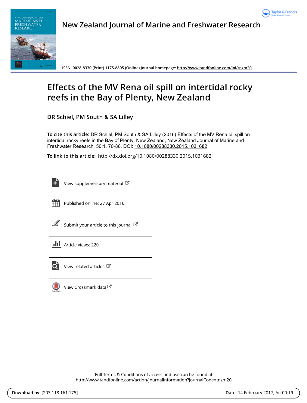 Effects of the CV Rena Oil Spill on Intertidal Rocky Reefs in the Bay Of