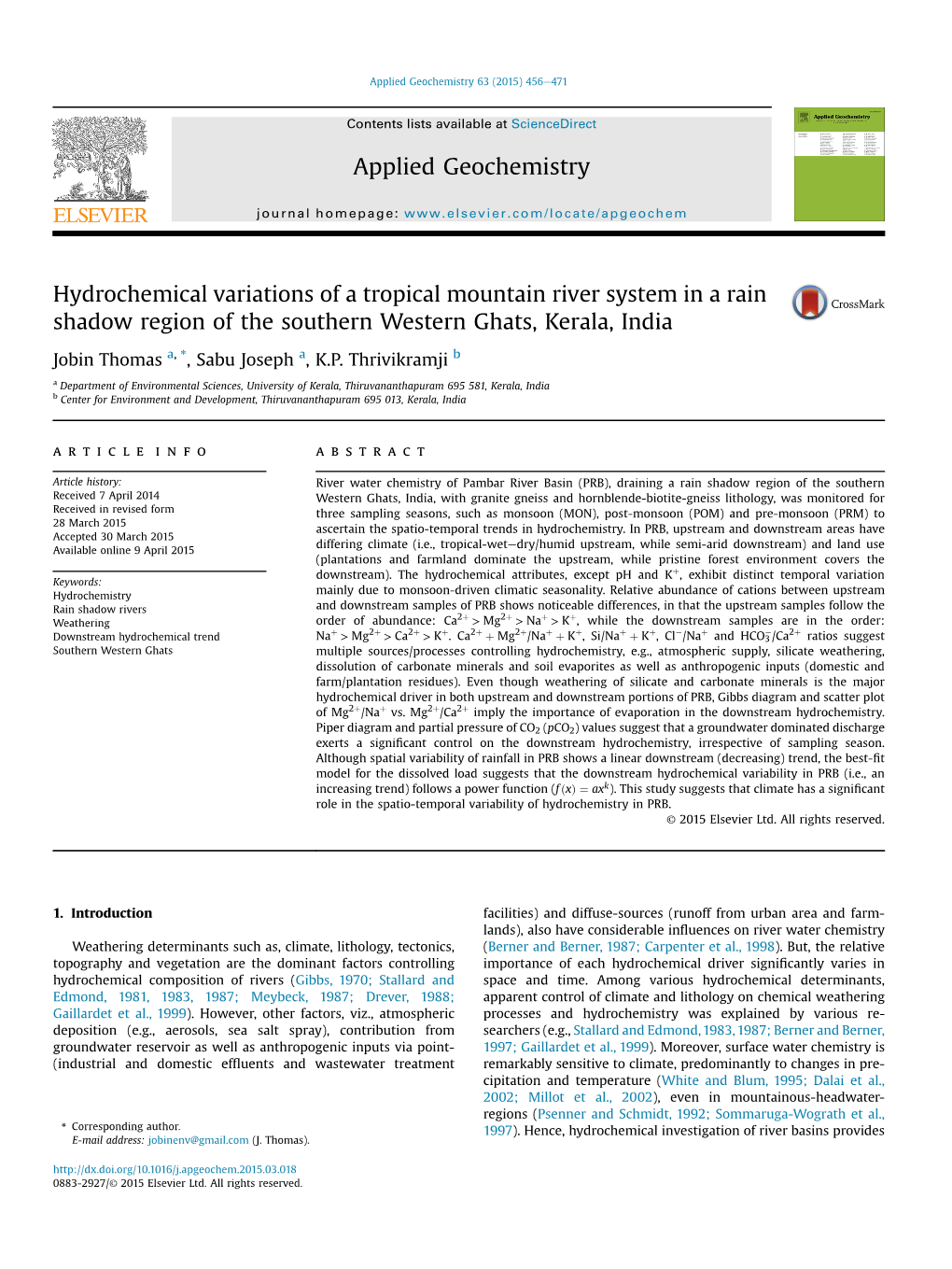 Hydrochemical Variations of a Tropical Mountain River System in a Rain Shadow Region of the Southern Western Ghats, Kerala, India