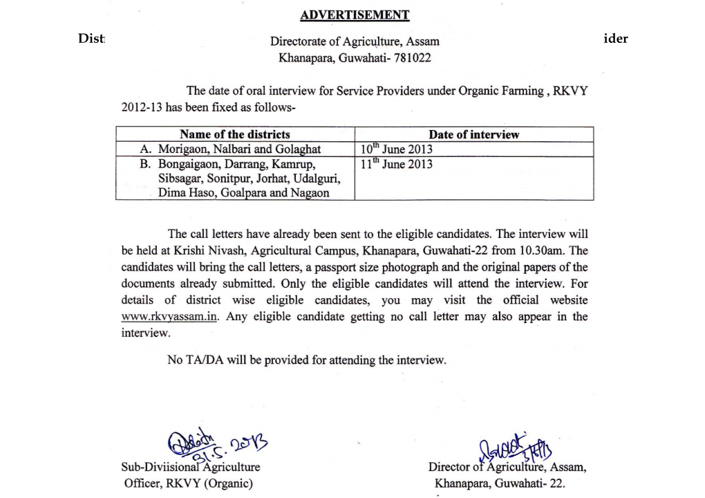 District Wise List of Eligible Candidates Applied for the Contractual Post of Service Provider Under Organic Farming, RKVY 2012