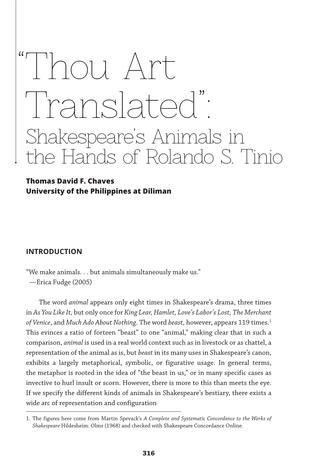 “Thou Art Translated”: Shakespeare’S Animals in the Hands of Rolando S