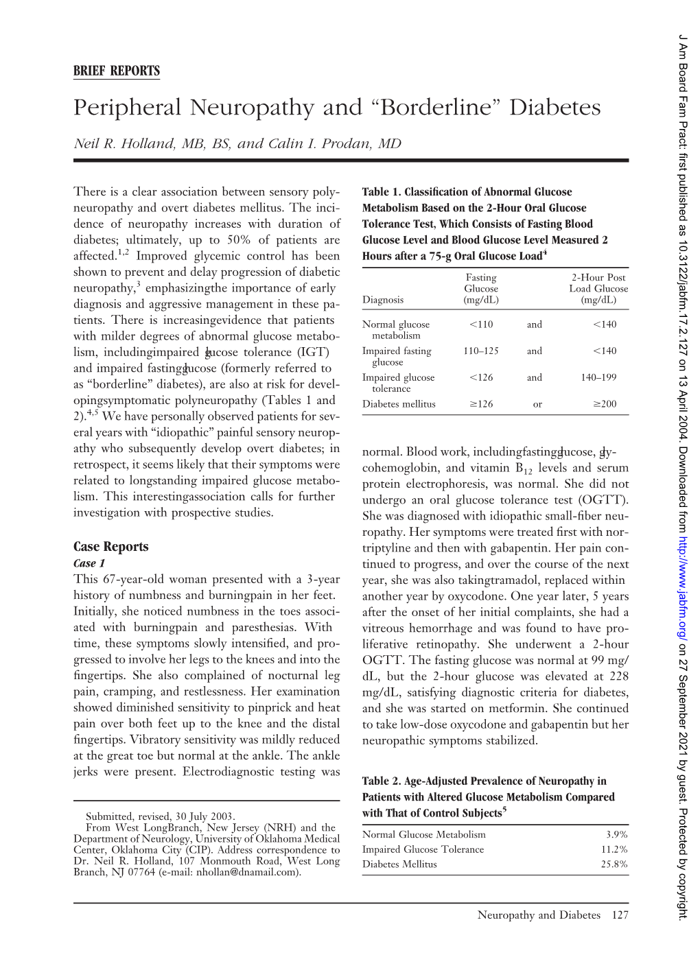 Peripheral Neuropathy and “Borderline” Diabetes