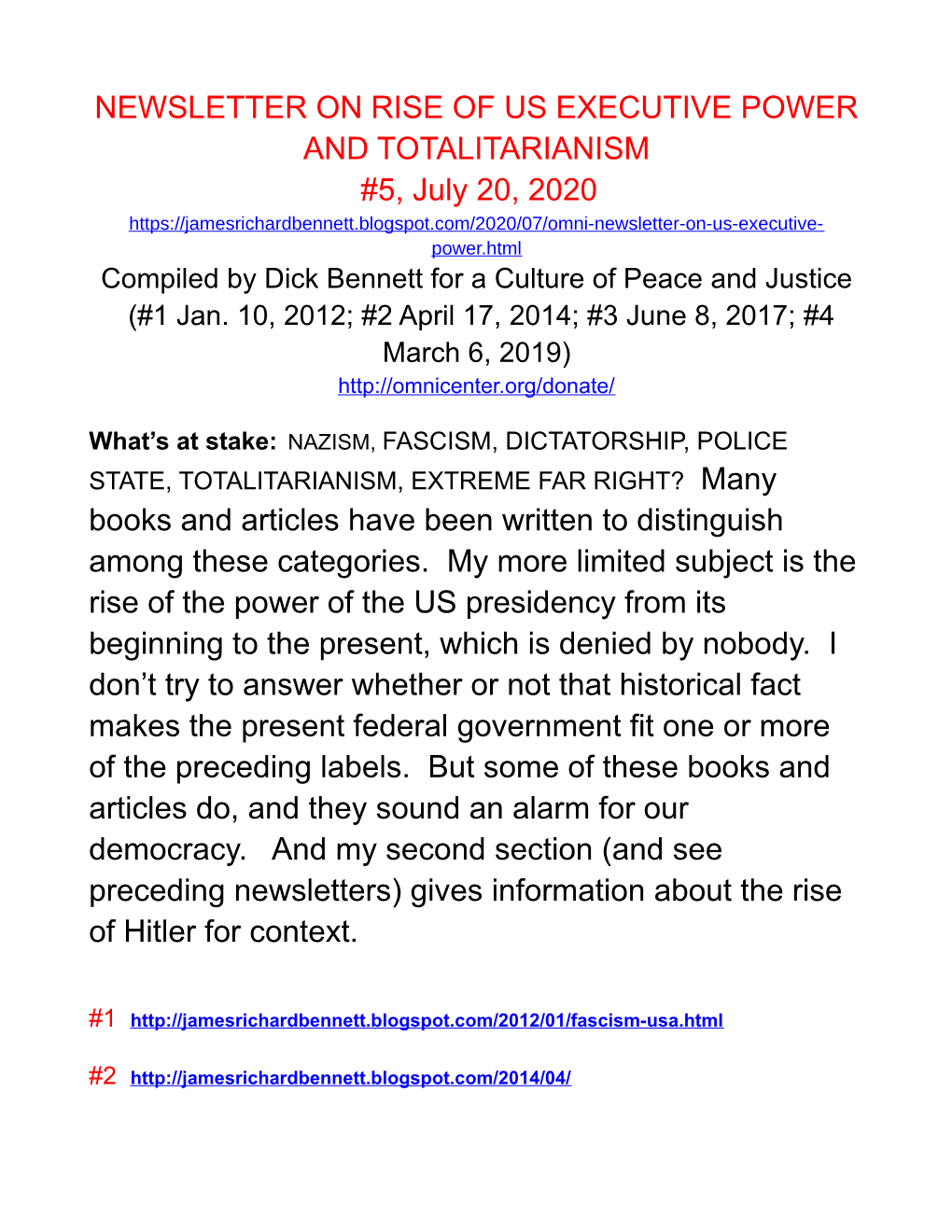 Newsletter on Rise of Us Executive Power and Totalitarianism #5, July