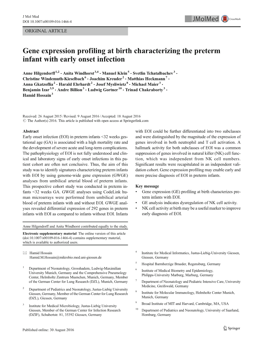 Gene Expression Profiling at Birth Characterizing the Preterm Infant with Early Onset Infection