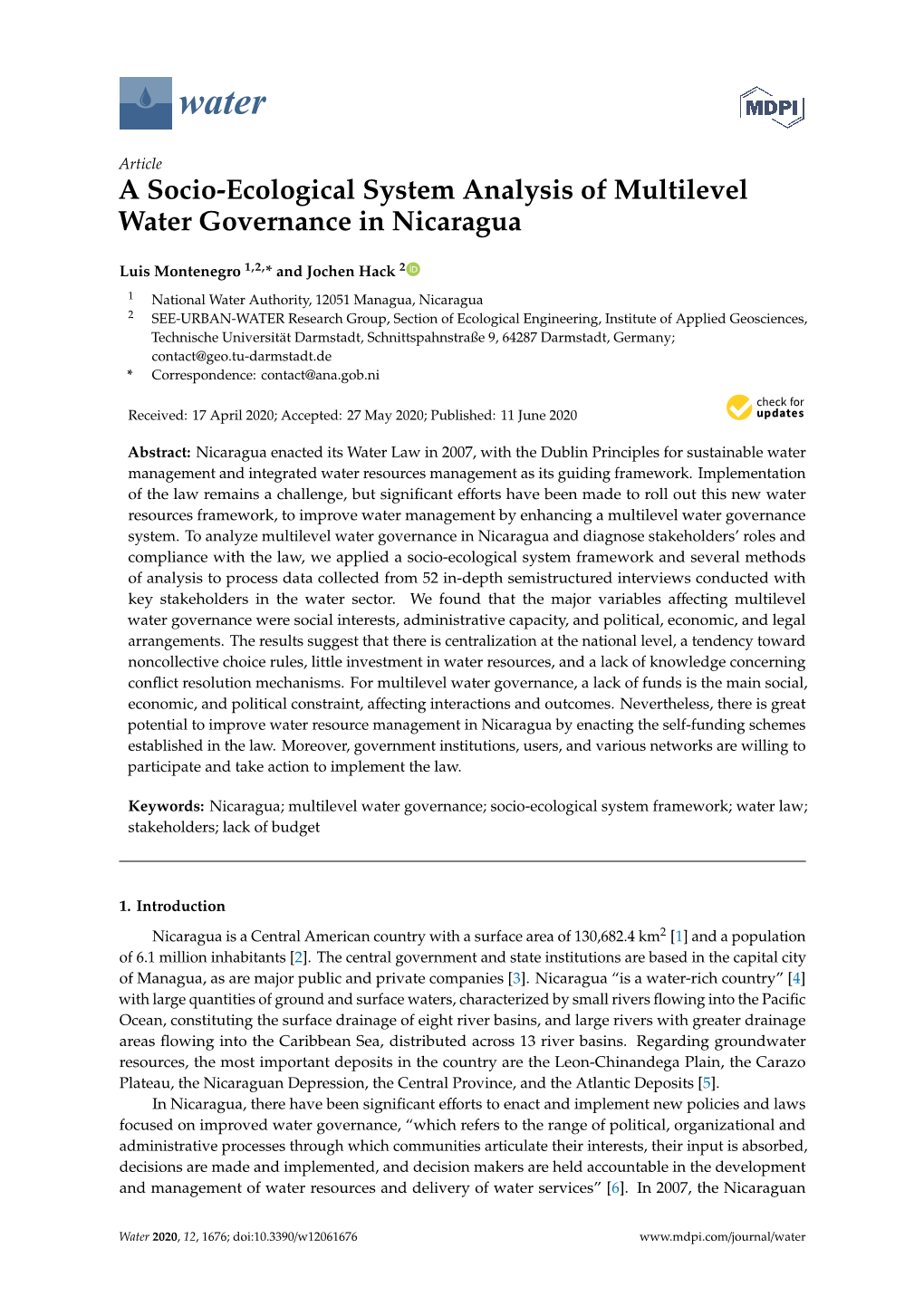 A Socio-Ecological System Analysis of Multilevel Water Governance in Nicaragua