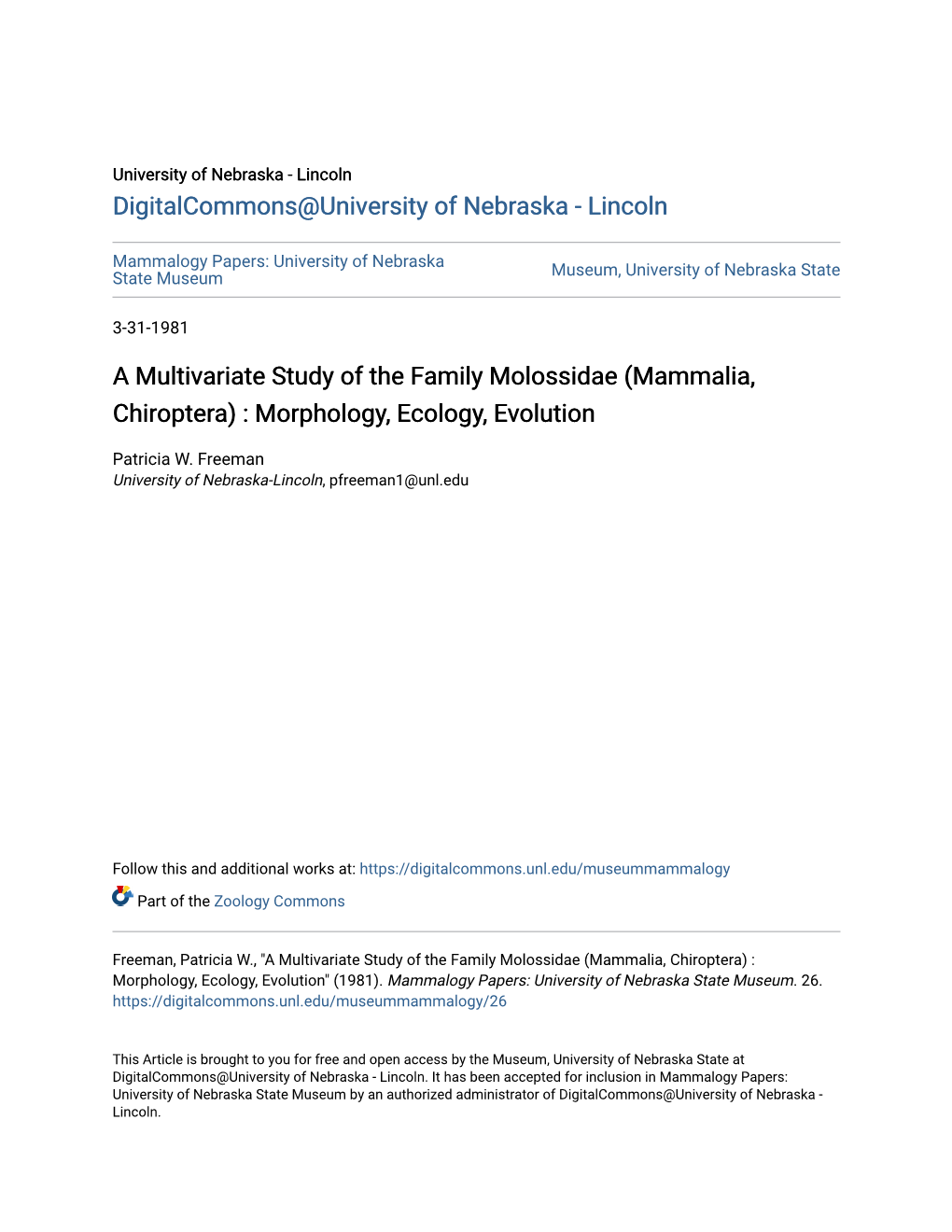 A Multivariate Study of the Family Molossidae (Mammalia, Chiroptera) : Morphology, Ecology, Evolution