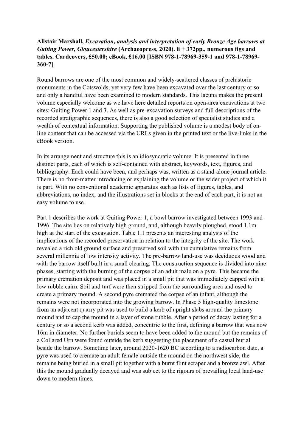 Alistair Marshall, Excavation, Analysis and Interpretation of Early Bronze Age Barrows at Guiting Power, Gloucestershire (Archaeopress, 2020)