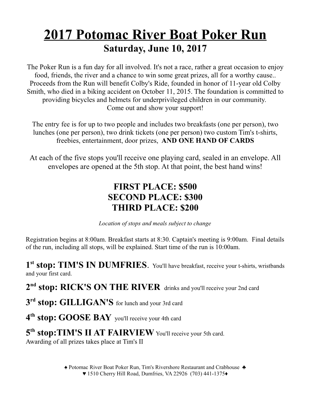 2017 Potomac River Boat Poker Run Saturday, June 10, 2017