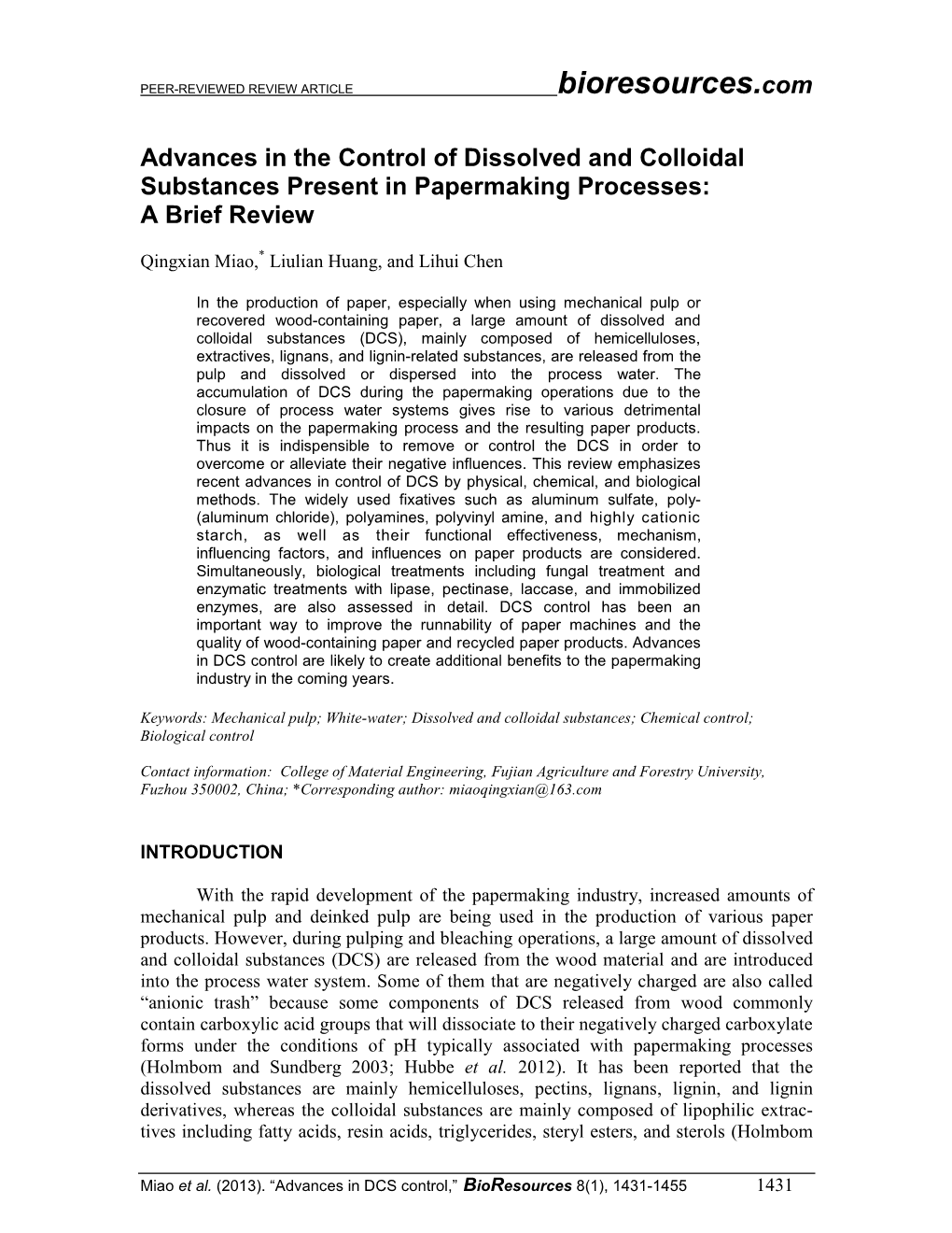 Advances in the Control of Dissolved and Colloidal Substances Present in Papermaking Processes: a Brief Review