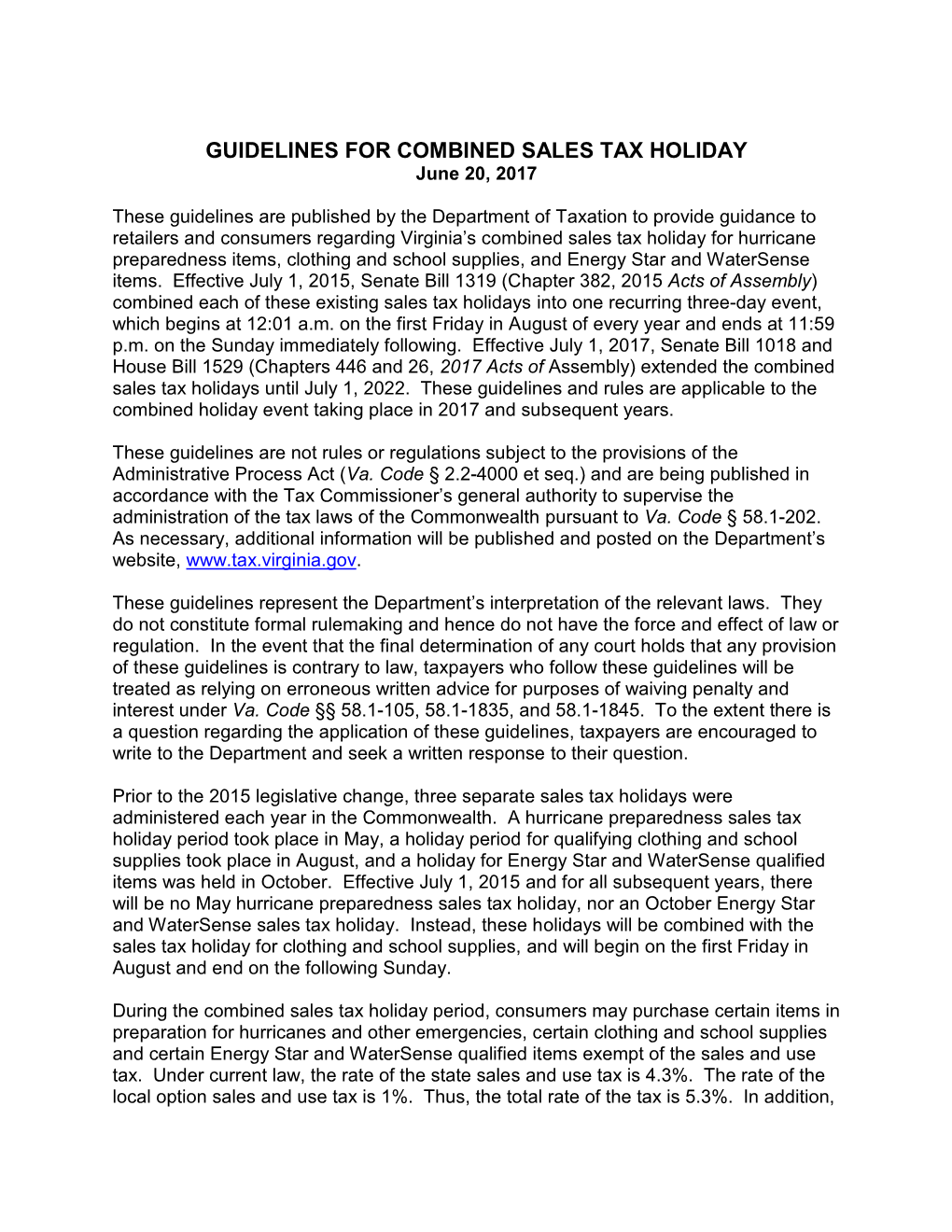 2017 Sales Tax Holiday Guidelines and Rules