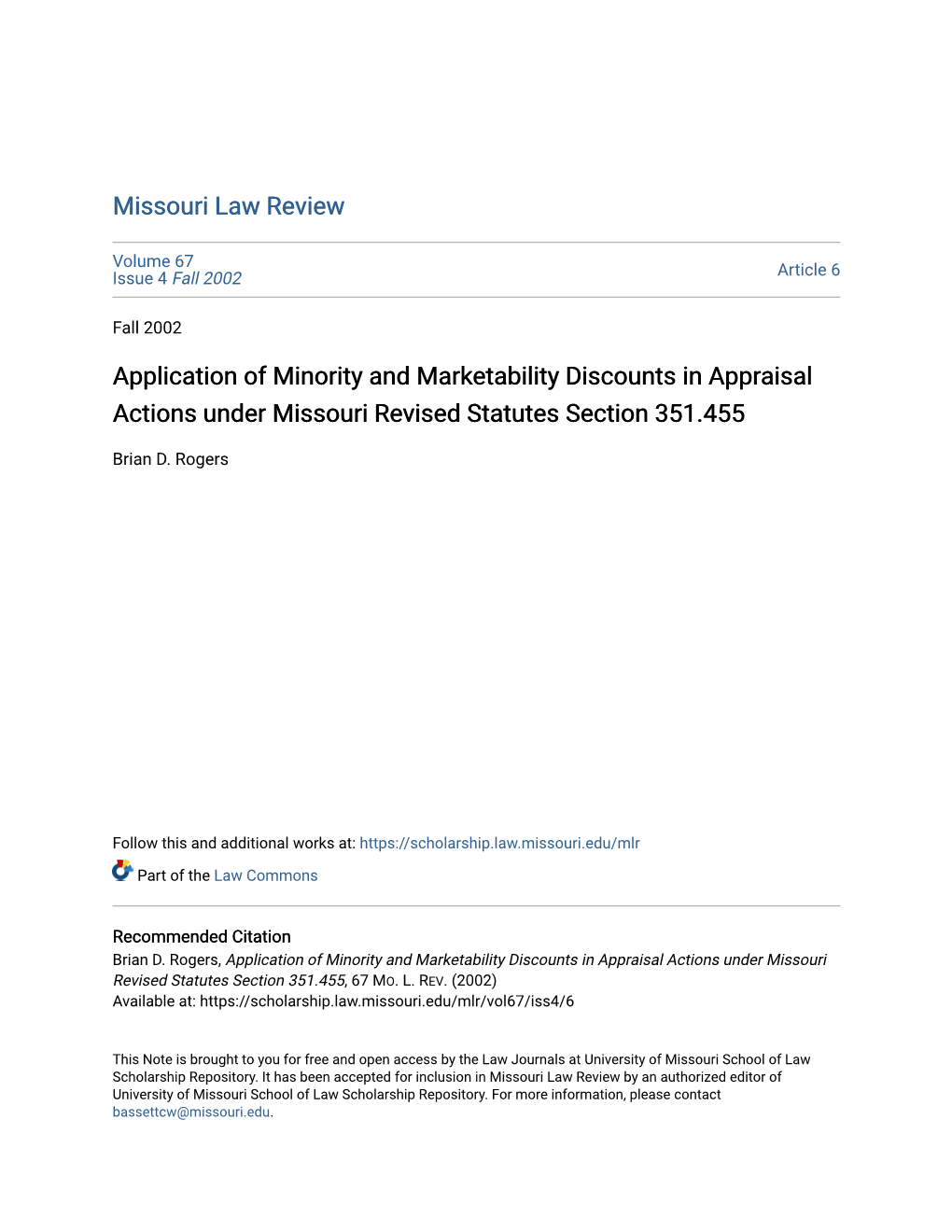 Application of Minority and Marketability Discounts in Appraisal Actions Under Missouri Revised Statutes Section 351.455