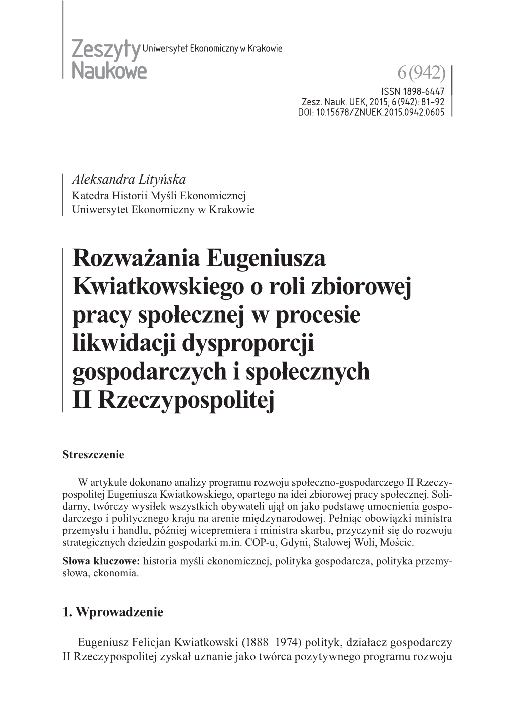 Zeszyty Naukowe Rozważania Eugeniusza Kwiatkowskiego O Roli