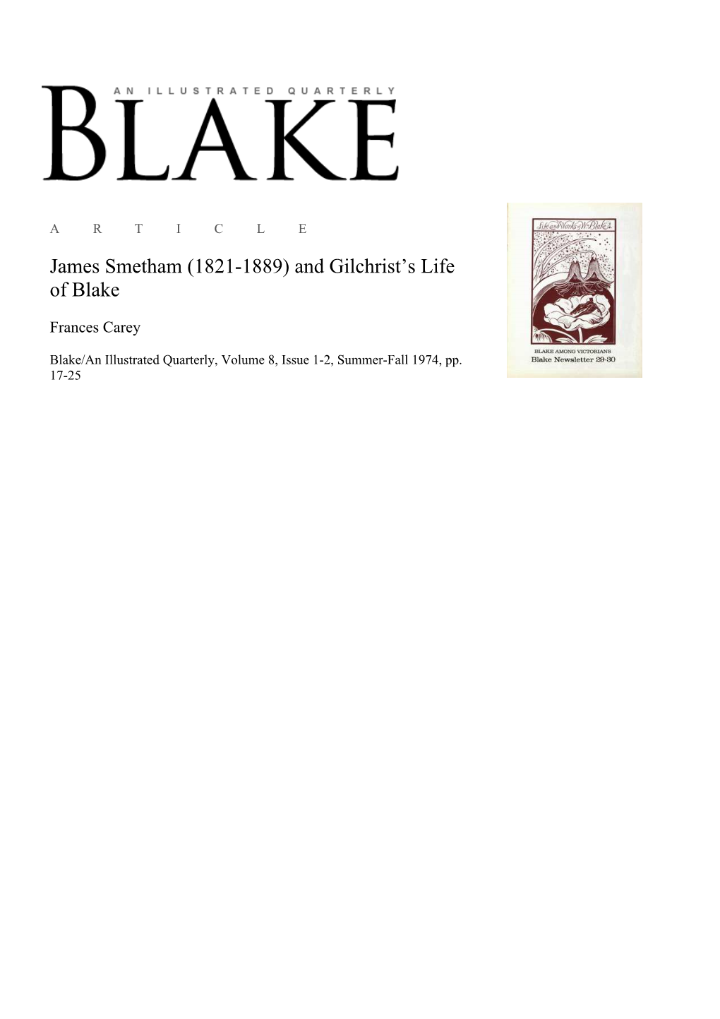 James Smetham (1821-1889) and Gilchrist’S Life of Blake