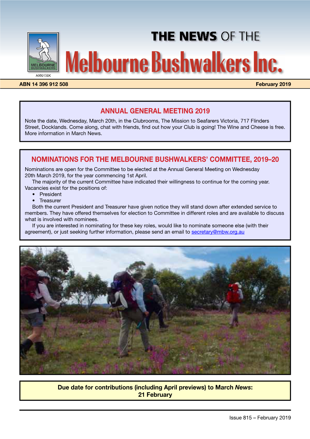 Melbourne Bushwalkers Inc. ABN 14 396 912 508 February 2019