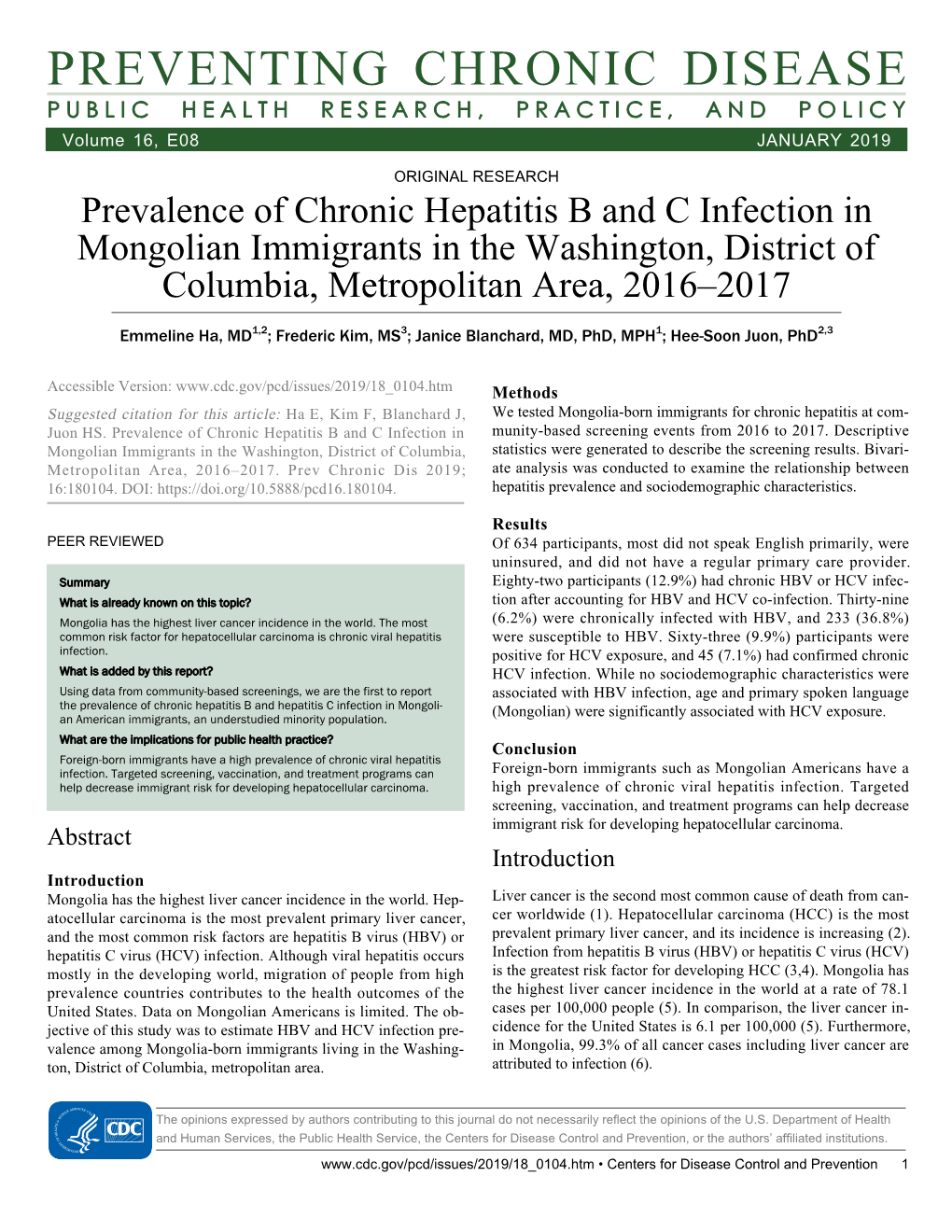Prevalence of Chronic Hepatitis B and C Infection in Mongolian Immigrants in the Washington, District of Columbia, Metropolitan Area, 2016–2017
