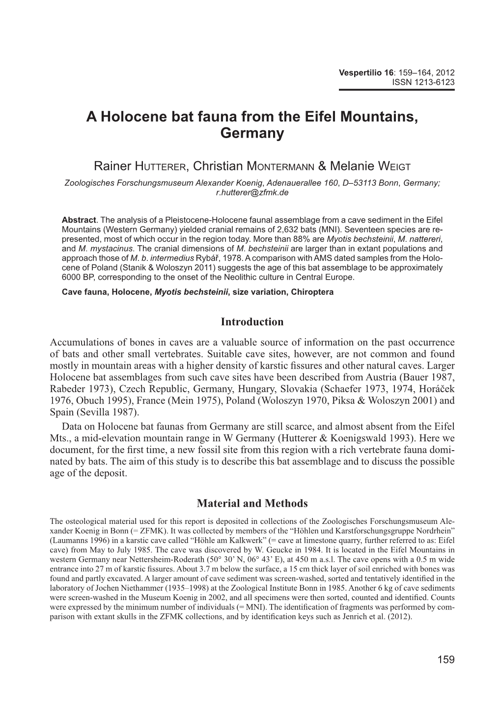 A Holocene Bat Fauna from the Eifel Mountains, Germany