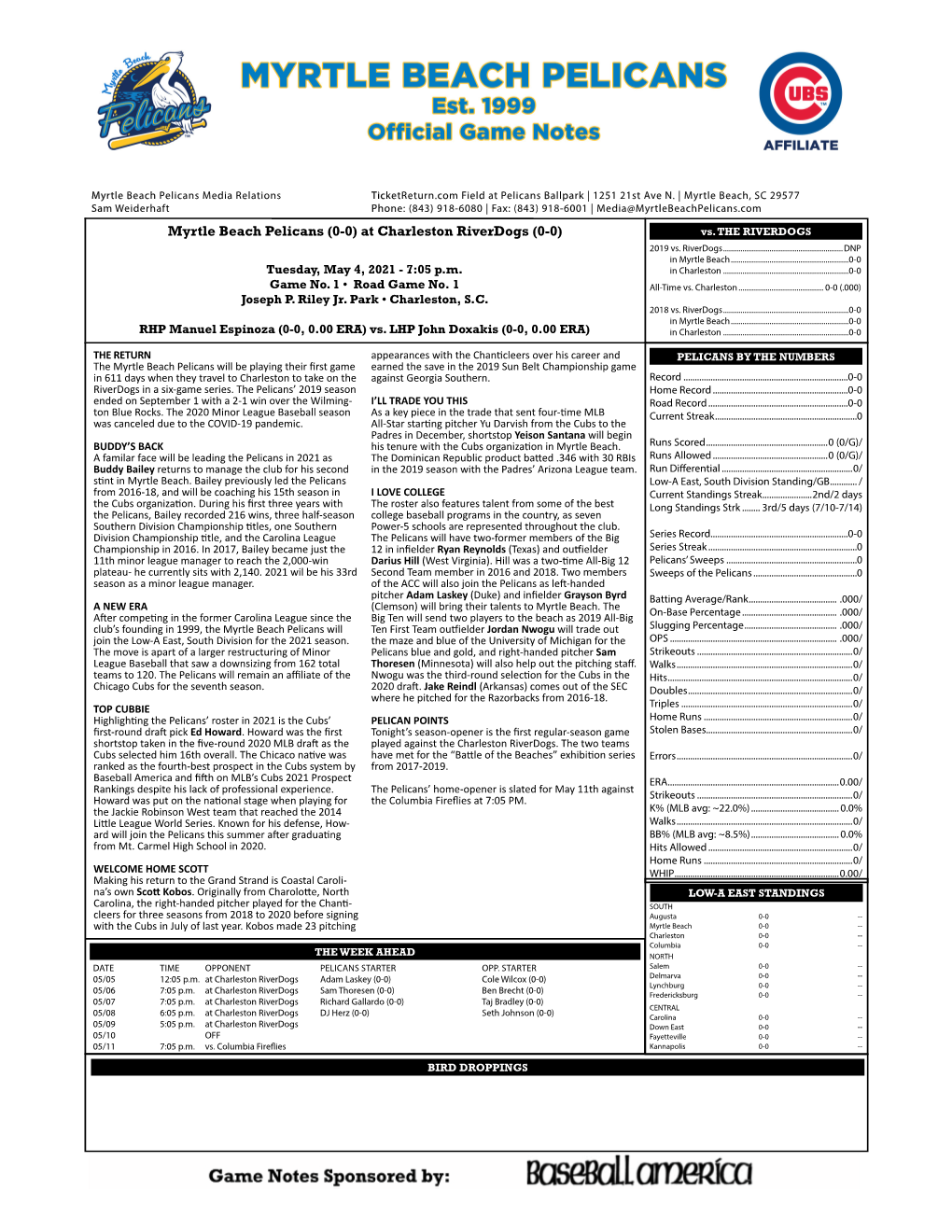 Myrtle Beach Pelicans (0-0) at Charleston Riverdogs (0-0) Vs